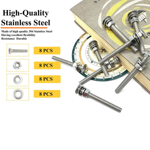 Built Like A Tank 5/16X3 Inch Carriage Bolts Square Neck Stainless Steel With Hex Nuts Flat Washers Spring Lock Washers Rust Proof Screw Assortment Kit For Marine Auto And Garage Builds with several fasteners on a book.