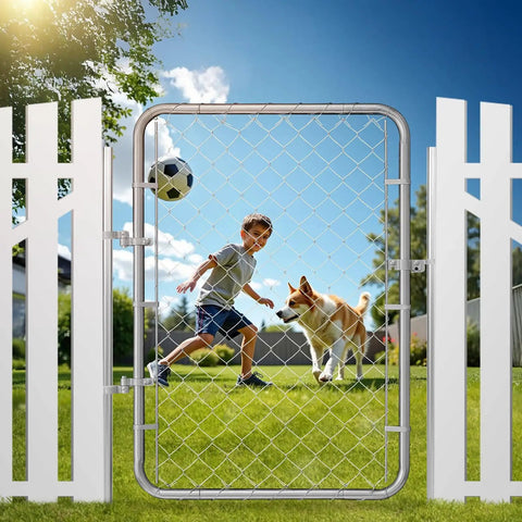 Adjustable Chain Link Fence Gate 32 By 46 Inches, Rust Resistant Galvanized Steel, installed in backyard without posts