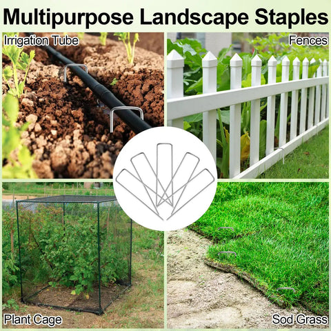 Heavy Duty Tough As Nails 5 Inch 11 Gauge Galvanized Garden Stakes U Shaped Ground Staples for landscaping projects illustration.