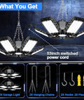 Two Pack Plug In Garage Light 200W 20000LM LED Shop Light with accessories, including hanging chains and hooks.