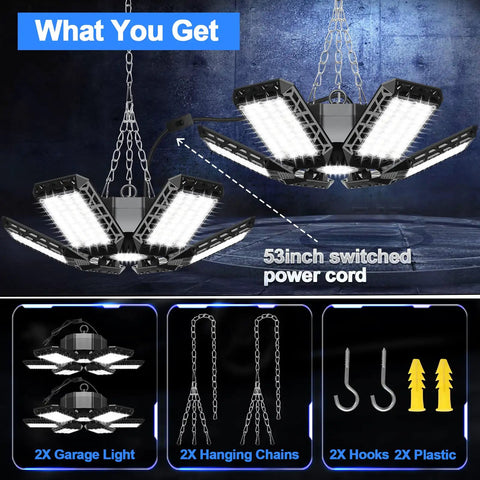 Two Pack Plug In Garage Light 200W 20000LM LED Shop Light with accessories, including hanging chains and hooks.