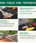 All In One 46 Piece Griddle Tools Set With Heavy Duty Stainless Spatulas And Plastic Handles For Flat Top Grills Teppanyaki Hibachi Outdoor Camping Grilling The Ultimate Grill Gear Kit showing spatula, carving fork, and chef's knife in use on grill with text descriptions.