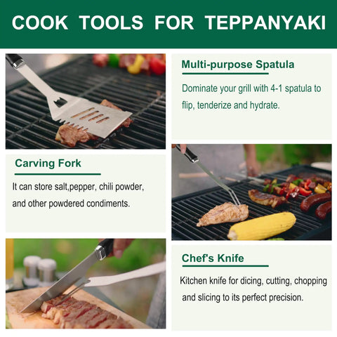 All In One 46 Piece Griddle Tools Set With Heavy Duty Stainless Spatulas And Plastic Handles For Flat Top Grills Teppanyaki Hibachi Outdoor Camping Grilling The Ultimate Grill Gear Kit showing spatula, carving fork, and chef's knife in use on grill with text descriptions.