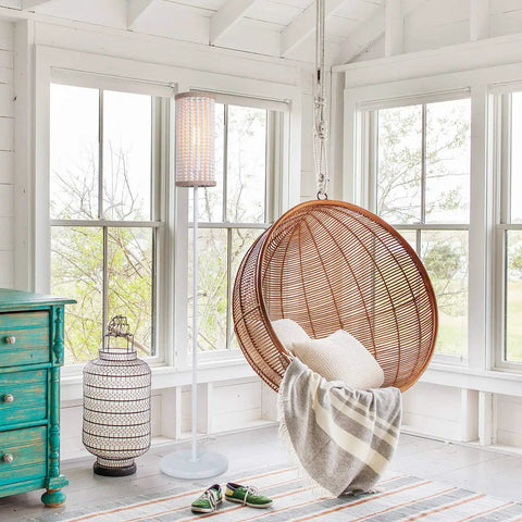 Boho Chic Floor Lamp With White Wood Beaded Shade For Bedroom, Living Room, And Girl Room, Hand Rope Knot Accent, Tall 59 Inch Lighting