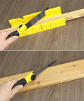 Miter Box And Saw Kit with 12 Inch Japanese Saw Fine And Coarse Cutters Handle used for accurate cuts on wood with yellow miter box.