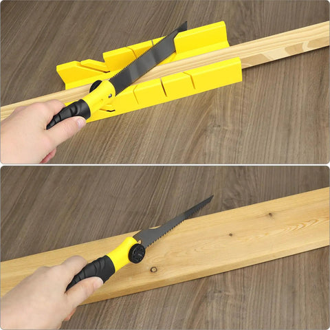 Miter Box And Saw Kit with 12 Inch Japanese Saw Fine And Coarse Cutters Handle used for accurate cuts on wood with yellow miter box.