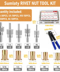 Sumloty 490-Piece SAE Nutsert Rivet Nut Kit With Hand Setter, Pro Grade, Grab-And-Go, sizes and quantities displayed, includes tool and case.