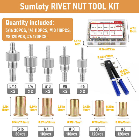 Sumloty 490-Piece SAE Nutsert Rivet Nut Kit With Hand Setter, Pro Grade, Grab-And-Go, sizes and quantities displayed, includes tool and case.
