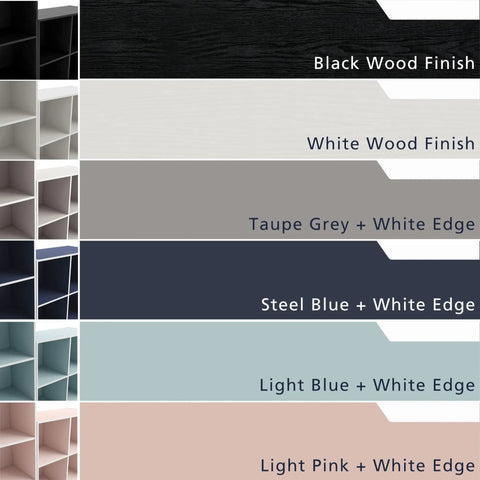 Stackable 2 Cube Wood Storage Organizer Shelves color options including black, white, taupe grey, steel blue, light blue, light pink.