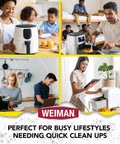 Weiman Foaming Air Fryer Cleaner kit; white bottle with black cap beside a white air fryer in a bright kitchen collage