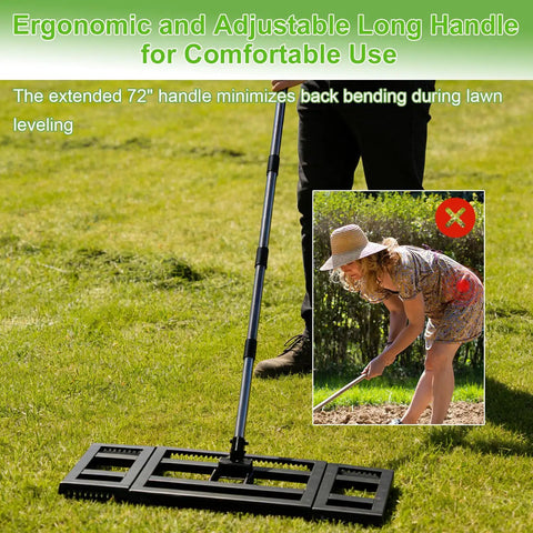 Heavy Duty Lawn Leveling Rake With Adjustable Long Handle Dual Sided Tines With Serrated Side shown on grass
