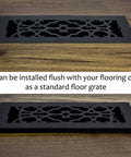 Old-School Victorian Style Floor Register 6x10 Inches Cast Iron Black With Scroll Design, shown in flush and drop-in installation