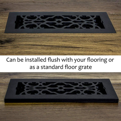 Old-School Victorian Style Floor Register 6x10 Inches Cast Iron Black With Scroll Design, shown in flush and drop-in installation