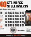 Heavy Duty M8x1.25 Thread Repair Kit With Premium HSS Drill Bit And 40 Pieces Of 304 Stainless Steel Inserts For Snug And Tight Metal Fixes That Last, 40 inserts shown
