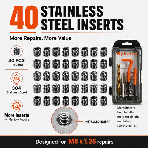Heavy Duty M8x1.25 Thread Repair Kit With Premium HSS Drill Bit And 40 Pieces Of 304 Stainless Steel Inserts For Snug And Tight Metal Fixes That Last, 40 inserts shown