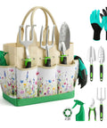 Heavy Duty Gardening Tools 10 Piece Set With Durable Stainless Steel Hand Tools Organizer Handbag Rust Proof Weeding Kit Pruner Transplanter Trowel Cultivator And More Top Shelf Gift For Women Who Love Gardening displayed with floral bag and gloves