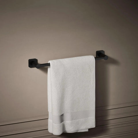 Parallel 18 Inch Towel Bar Matte Black Sleek Modern Bathroom Hardware with towel hanging in classic space