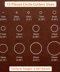 Diagram showing sizes of 13-piece circle cutters from Pro Grade Leather Circle Cutter Tool Set, ranging 1mm to 25mm for DIY leathercrafts.