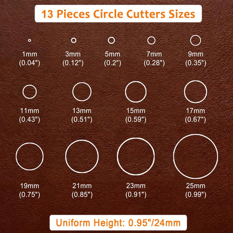 Diagram showing sizes of 13-piece circle cutters from Pro Grade Leather Circle Cutter Tool Set, ranging 1mm to 25mm for DIY leathercrafts.
