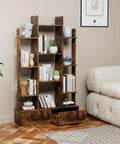 Vintage Industrial Freestanding Bookcase with 12 Shelves and 2 Drawers in Rustic Brown Finish for Living Room Bedroom Study or Home Office