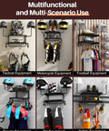 2-Tier Motorcycle Helmet Wall Mount Rack With Hat Stands, All-In-One Gear Storage Organizer in use with various equipment