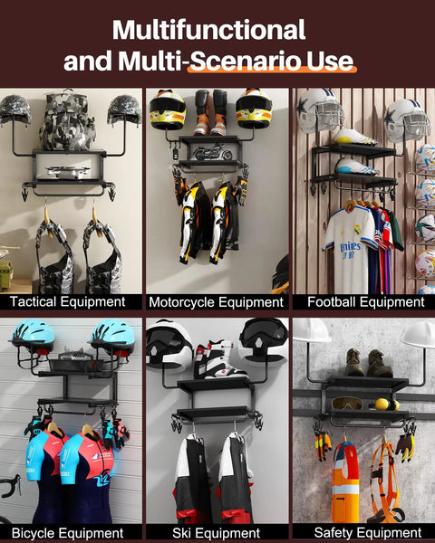 2-Tier Motorcycle Helmet Wall Mount Rack With Hat Stands, All-In-One Gear Storage Organizer in use with various equipment