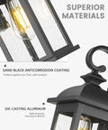 Close-up of waterproof exterior porch lantern detailing the anti rust matte black finish and seeded glass lampshade.