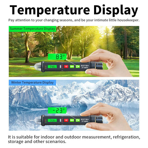 Digital thermometer displaying summer 83°F and winter -23°F temperatures in outdoor settings with hand holding device.