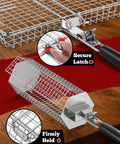 Close-up of Three Piece Grill Basket Set With Removable Handles Stainless Steel Grilling Baskets showcasing secure latch detail.