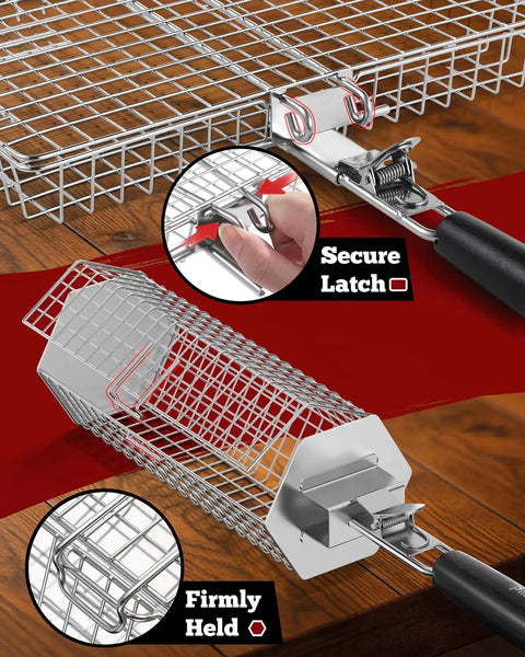 Close-up of Three Piece Grill Basket Set With Removable Handles Stainless Steel Grilling Baskets showcasing secure latch detail.