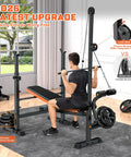 Person using 8 In 1 Adjustable Olympic Weight Bench With Lat Pulldown Row Squat Rack And Leg Curl For Home Gym in a room.