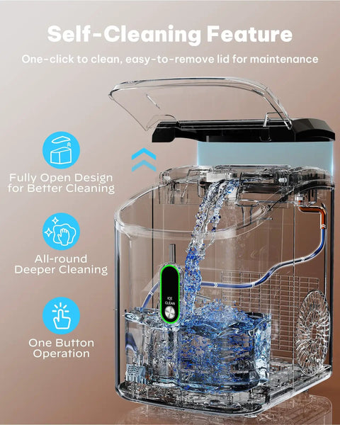 Self-Cleaning feature of Snappy Countertop Nugget Ice Maker With SelfClean Tech, showcasing water flow and easy-access lid.