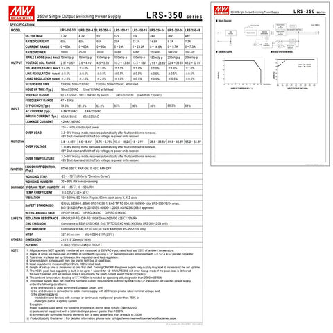 Technical specifications sheet for Straight Up Heavy Duty 5V 73A 350W Single Output Switching Power Supply.