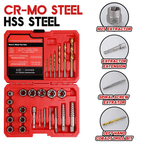 Spiral Screw Extractor Set 30-Piece Kit With Left Hand Cobalt Drill Bits And Nut Removers, Heavy Duty Cr-Mo Steel in case