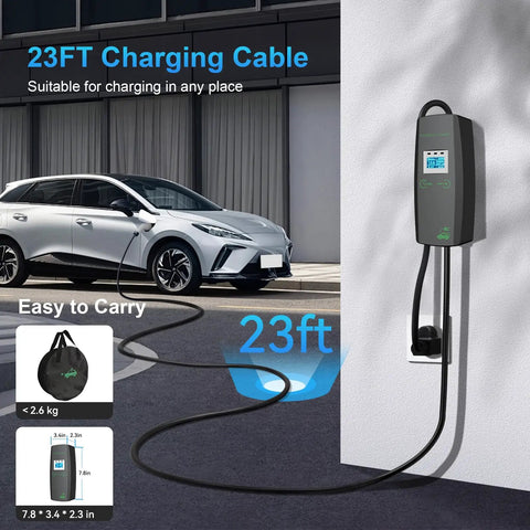 Portable Level 1 And 2 Ev Charger Cord 3.84Kw Fast Charge With 23Ft Heavy Duty Cable digital display, EV charging at wall outlet.