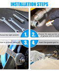 Installation steps for 220 Piece Grease Fitting Kit For Metric And SAE Zerk Fittings, showing wrenches and grease gun use.
