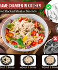 Chicken Shredder Tool 8 Inch With Clear Lid And Ergonomic Handle For Pulled Pork Beef And Chicken Shreds BPA Free Non Slip Dishwasher Safe Easy To Clean Perfect For Tacos And Sandwiches next to a salad bowl with shredded chicken and vegetables