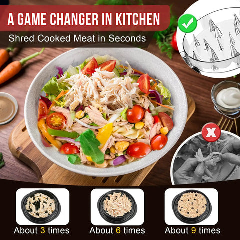 Chicken Shredder Tool 8 Inch With Clear Lid And Ergonomic Handle For Pulled Pork Beef And Chicken Shreds BPA Free Non Slip Dishwasher Safe Easy To Clean Perfect For Tacos And Sandwiches next to a salad bowl with shredded chicken and vegetables