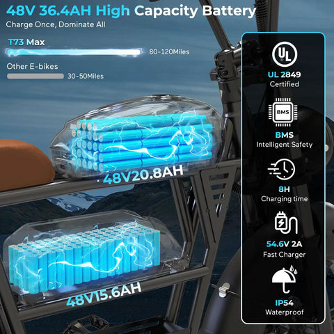 48V 36.4AH battery for Retro Vibes Dual Battery Fat Tire Electric Bike For Adults, showcasing capacity and charging specs.