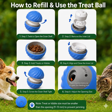 Instructions for using the Automatic Rolling Treat Dispenser Ball For Dogs And Cats Interactive Smart Puzzle Feeder