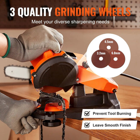 Person using the Electric Chainsaw Sharpener With 140W Motor 5700 RPM Professional Bench Sharpening Tool on a chain saw blade