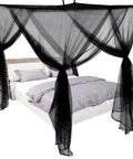 4 Corner Black Bed Canopy Curtains With Mosquito Net For Single Twin Full Size Beds, Rectangular Bed Drapes installed on bed