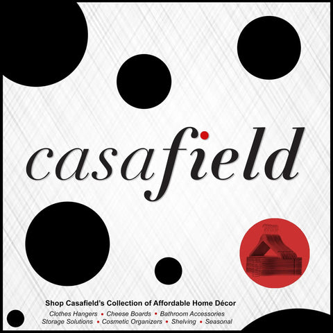 Casafield logo with black dots and red circle featuring walnut wooden suit hangers
