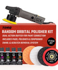 TorqX Random Orbital Polisher Kit With Pads, Polishes, And Compounds For Cars, Trucks, SUVs, And Motorcycles, 700W Motor, 8mm Orbit, All In One 9 Piece Detailing Set box with polisher and accessories shown