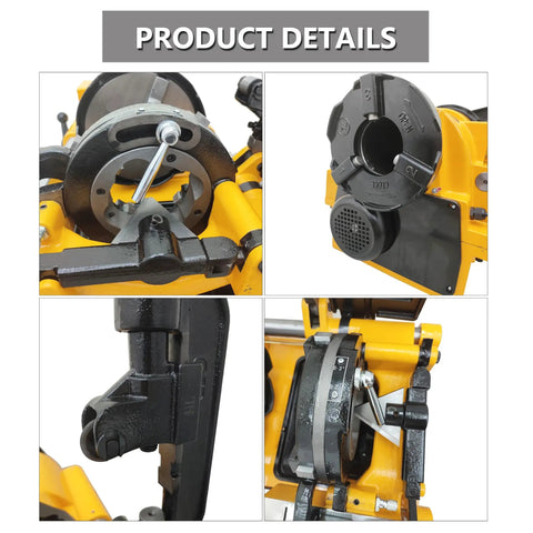Close-up of Real Deal 220V Electric Pipe Threader Machine 1HP adjustable speed threading cutter with detailed components.