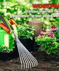 Handy 16 Inch Compact Stainless Steel Hand Rake With Soft Grip Handle Versatile Small Garden Rake For Delicate Plants Leaves Mulch Spreading And Light Soil Tilling In Narrow Beds And Flower Borders in a garden scene with various plants and pots.