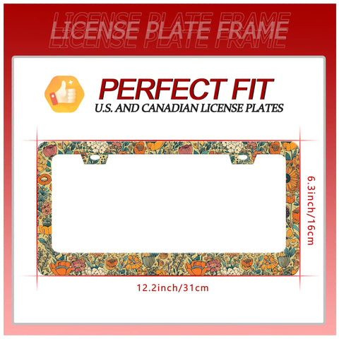 Cool Floral Print Stainless Steel License Plate Frame With Screws 12x6 Inch Auto Parts Decor displayed with dimensions