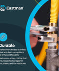 72 Inch Flexible Gas Line Connector With Three Eighth Inch OD And Three Quarter By One Half Inch MIP Fittings For Natural Gas And Propane Stainless Steel Yellow shown installed with epoxy coating inset text.