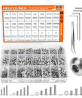 Front view of Helifouner 810-piece stainless steel screw kit with M3–M6 button head screws, washers, nuts, and hex wrenches in a clear plastic organizer