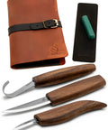 Solid Spoon Carving Kit With Dang Sharp Hook And Chip Knives featuring smooth black walnut grips and leather strop case.